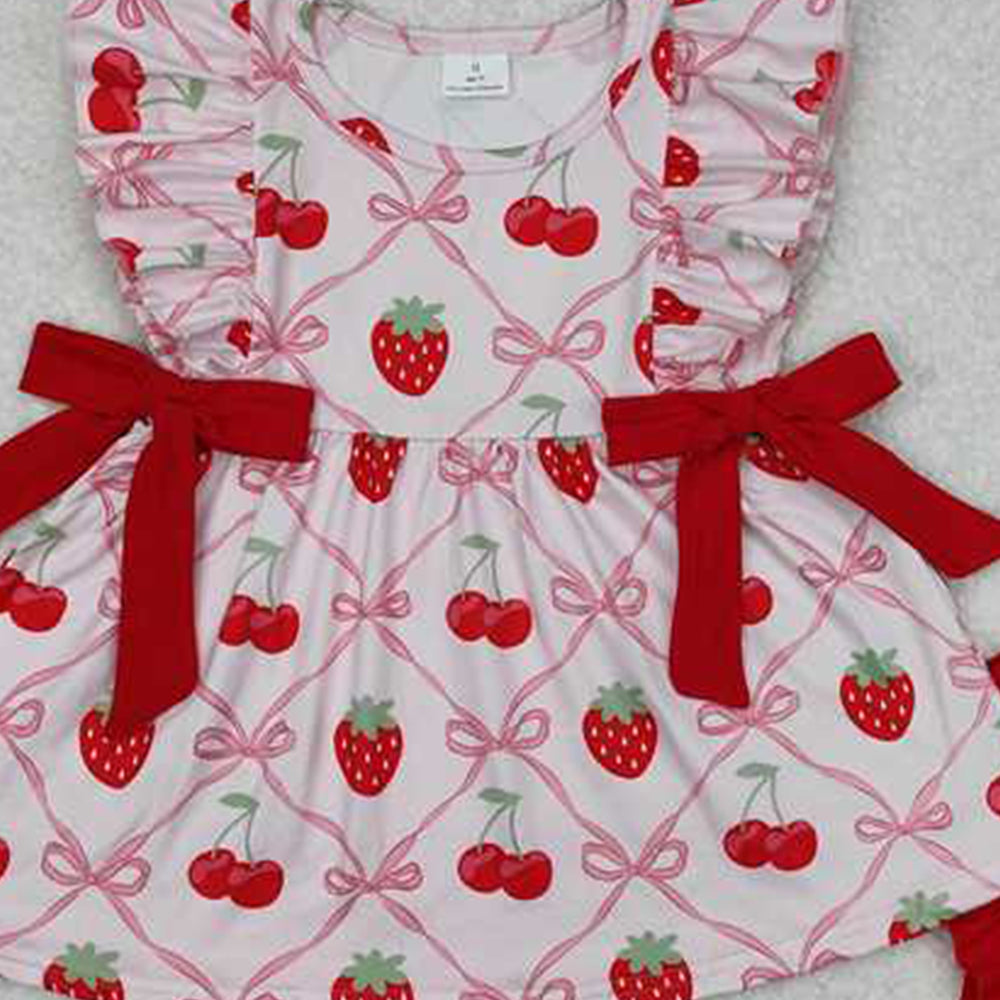 4.30 GSSO1640 RTS NO MOQ Baby Girls Pink Flutter Sleeves Bows Strawberry Print Tunic Ruffle Shorts Set
