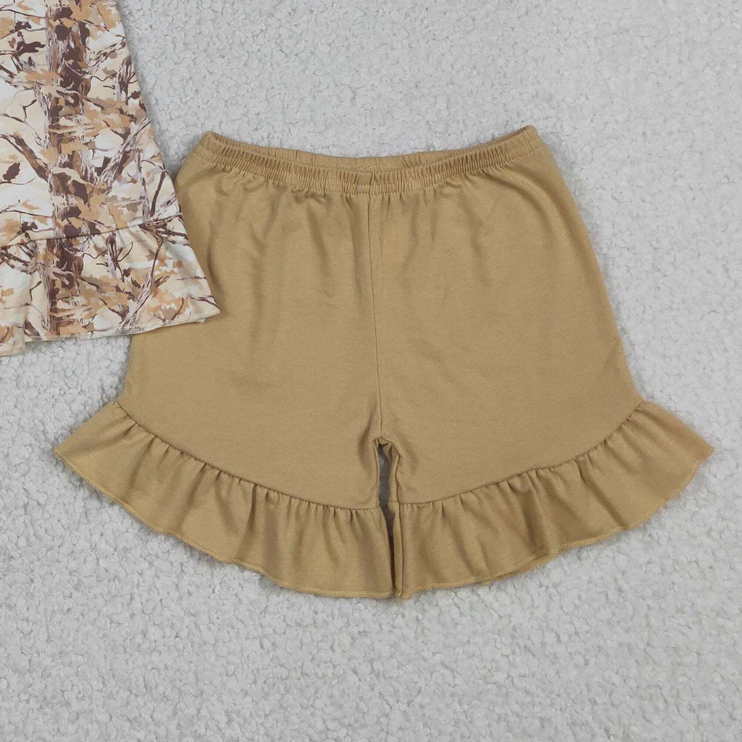GSSO3467 RTS NO MOQ (In stock)Baby Girls Sleeveless Southern Leaves Camo Tunic Ruffle Shorts Clothes Sets