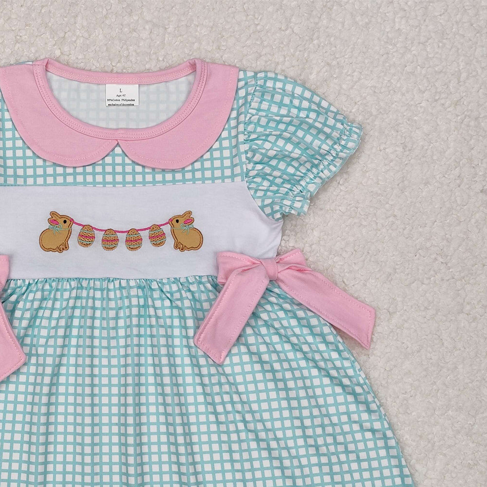 GSD1773Girls Plaid Bunny Eggs Bow Easter Dress Short Sleeves Spring Frock for Kids
