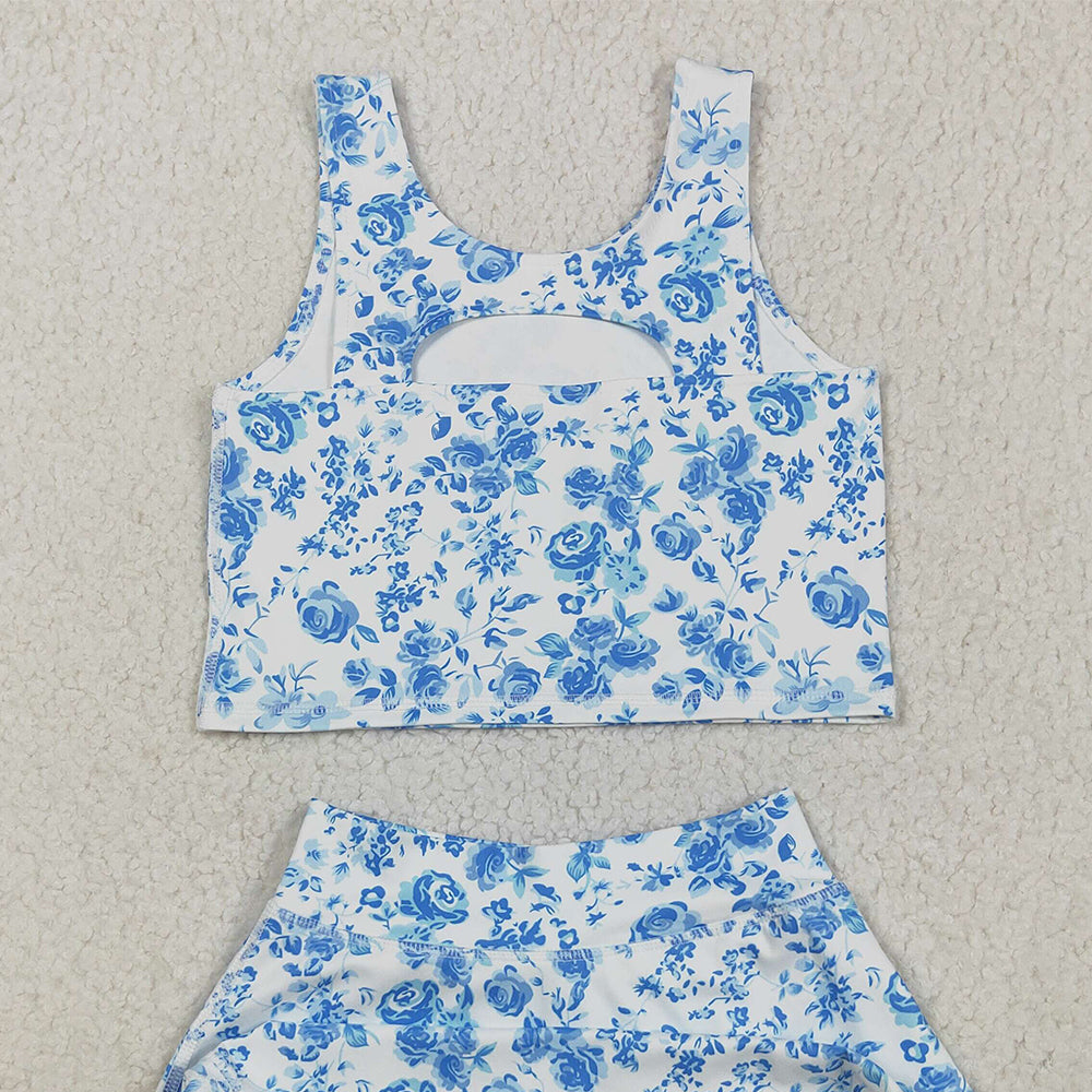 8.23 RTS NO MOQ (In stock)GSD2787 Baby Girls Yoga Outfits Baby Girls Blue Flowers Print Vest Top Shorts Skirts Yoga Activity Set