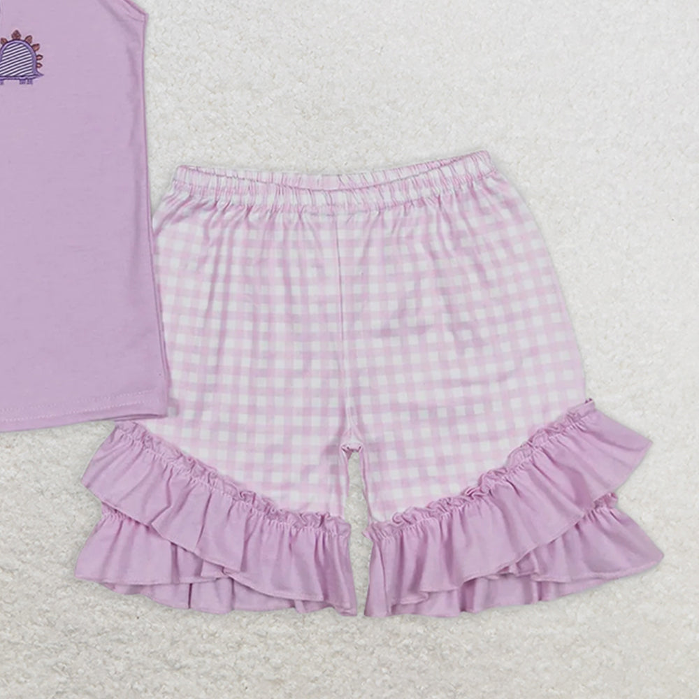 GSSO0411RTS NO MOQ Baby Girls Summer Outfits Lavender dinosaur top plaid shorts girls summer clothes