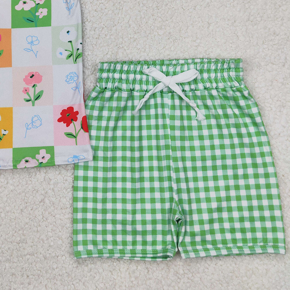 6.11 GSSO2415 RTS NO MOQ Baby Girls Summer Outfits Baby Girls Flowers Top Green Gingham Play Shorts Set