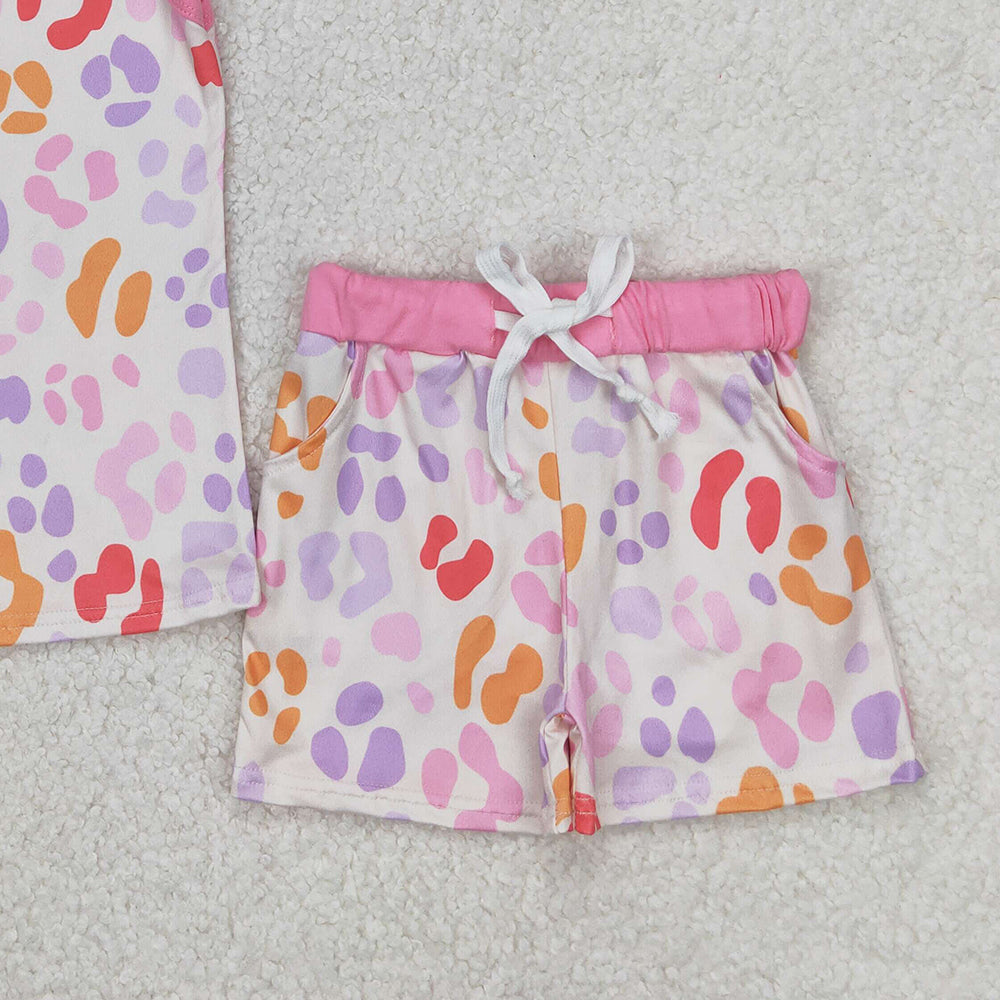 4.17 GSSO2081 RTS NO MOQ Colorful leopard print rose red sleeveless shorts set