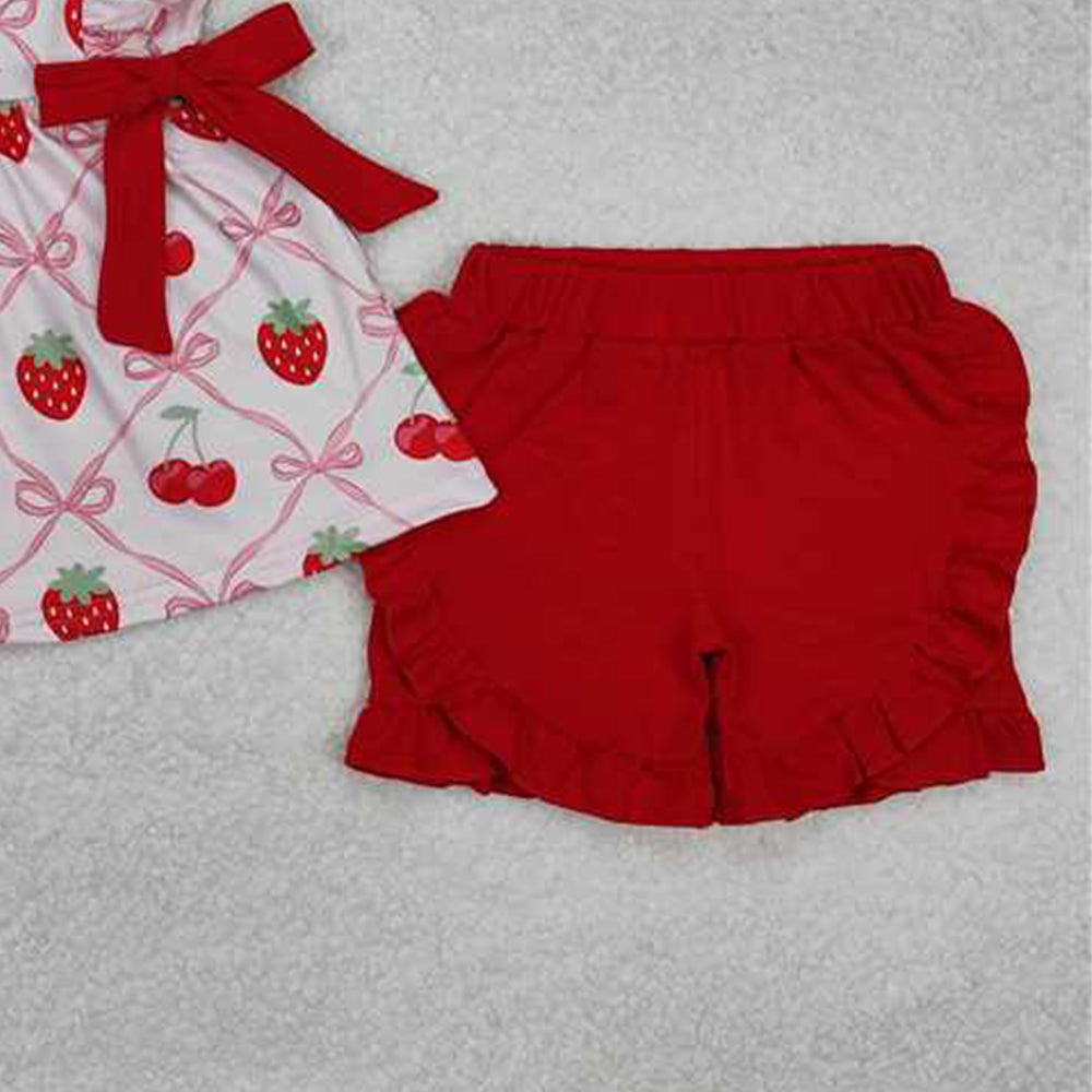 4.30 GSSO1640 RTS NO MOQ Baby Girls Pink Flutter Sleeves Bows Strawberry Print Tunic Ruffle Shorts Set