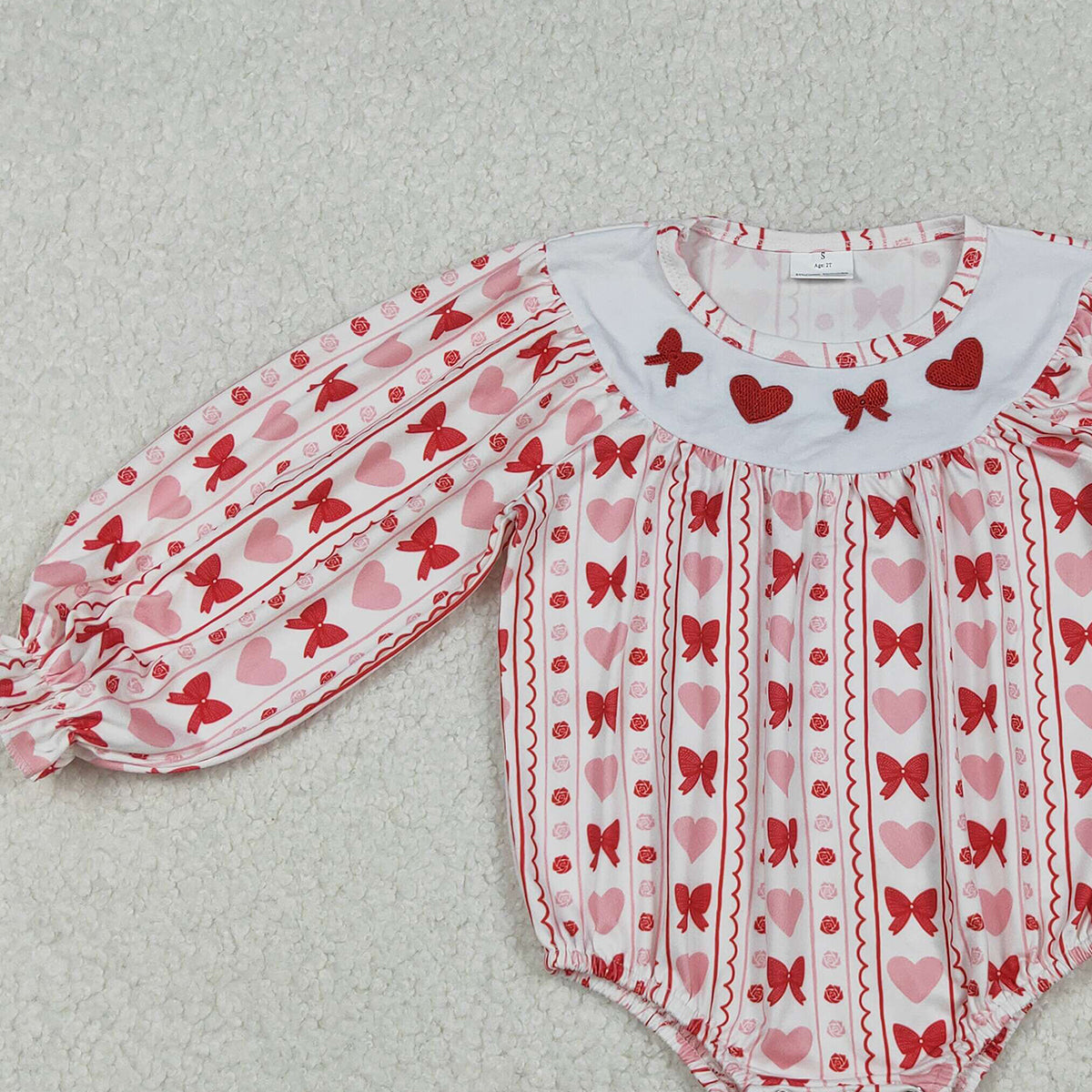 10.17 RTS NO MOQ (In stock)LR2696 Baby Girls Winter Rompers Embroidery Bows Hearts Baby Girls Stripe Valentine Ruffle Rompers