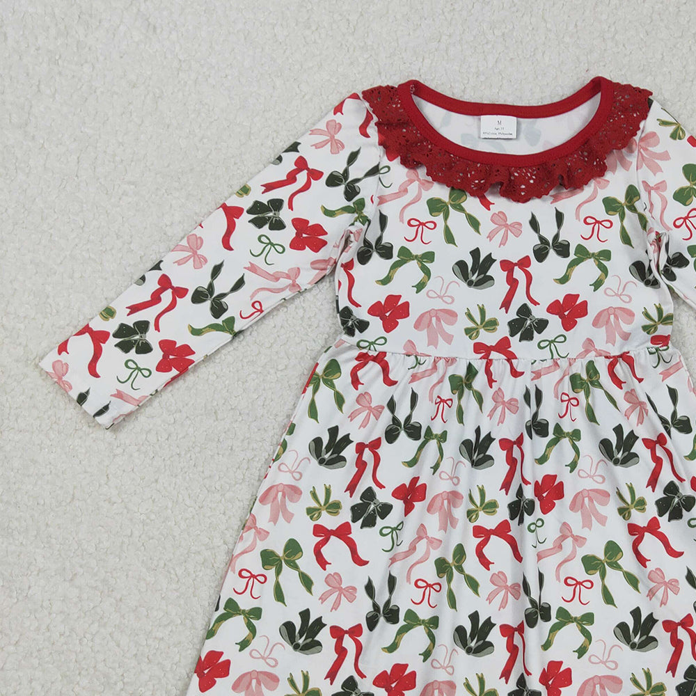 RTS NO MOQ (In stock)GLD1036 Baby Girls Winter Dress Colorful Bows Christmas Lace Ruffle Knee-Length Dress