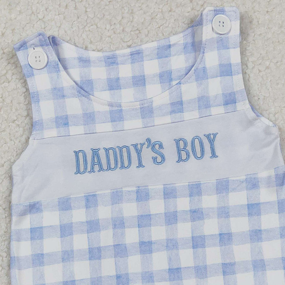 RTS NO MOQ (In stock)SR2945 Baby Boys Summer Rompers Light Blue Plaid Sleeveless Dad's Boy Romper