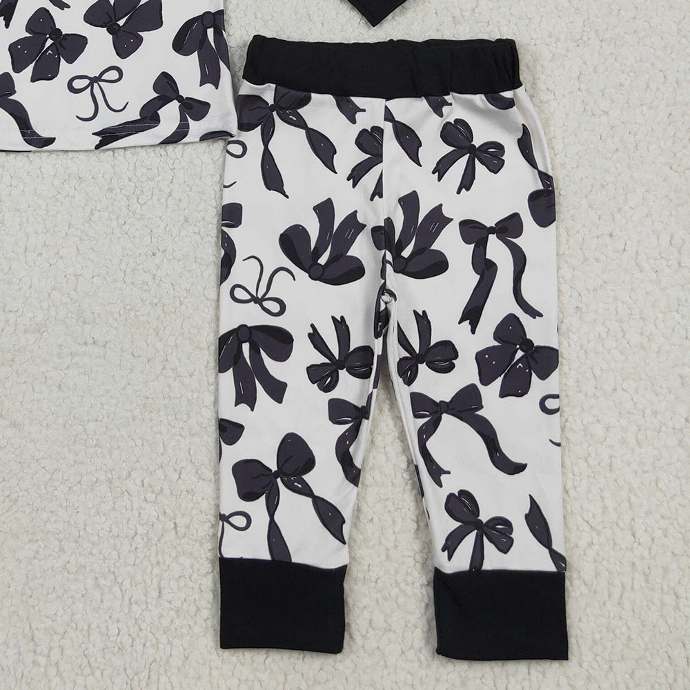 8.18 GLP2395 RTS NO MOQ Baby Girls Winter Outfits Baby Girls Long Sleeves Black Bows Top Pant Pajamas Set