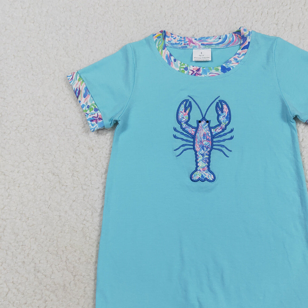8.22 RTS NO MOQ (In stock)SR3044 Baby Boys Summer Rompers Embroidery Baby Boys Blue Short Sleeves Crayfish Rompers