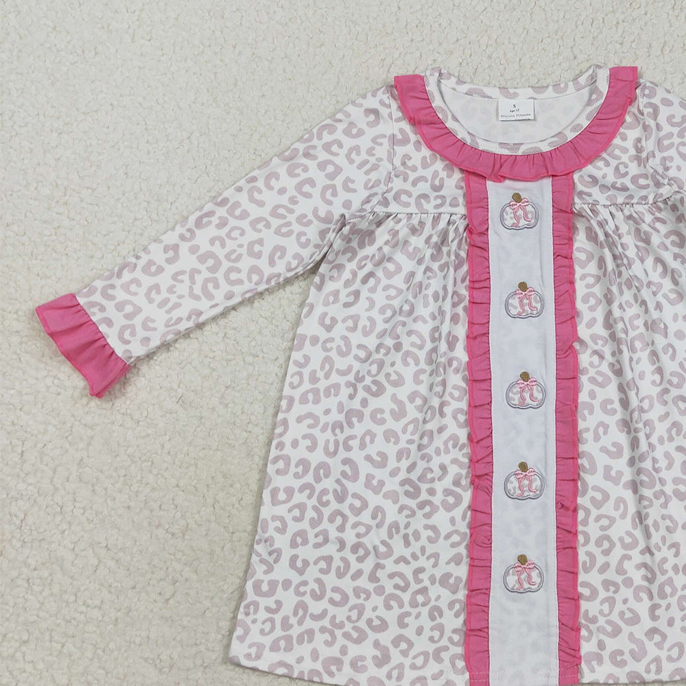 RTS NO MOQ (In stock)GLD1054 Baby Girls Winter Dress Embroidery Pumpkins Baby Girls Pink Leopard Fall Knee Length Dresses
