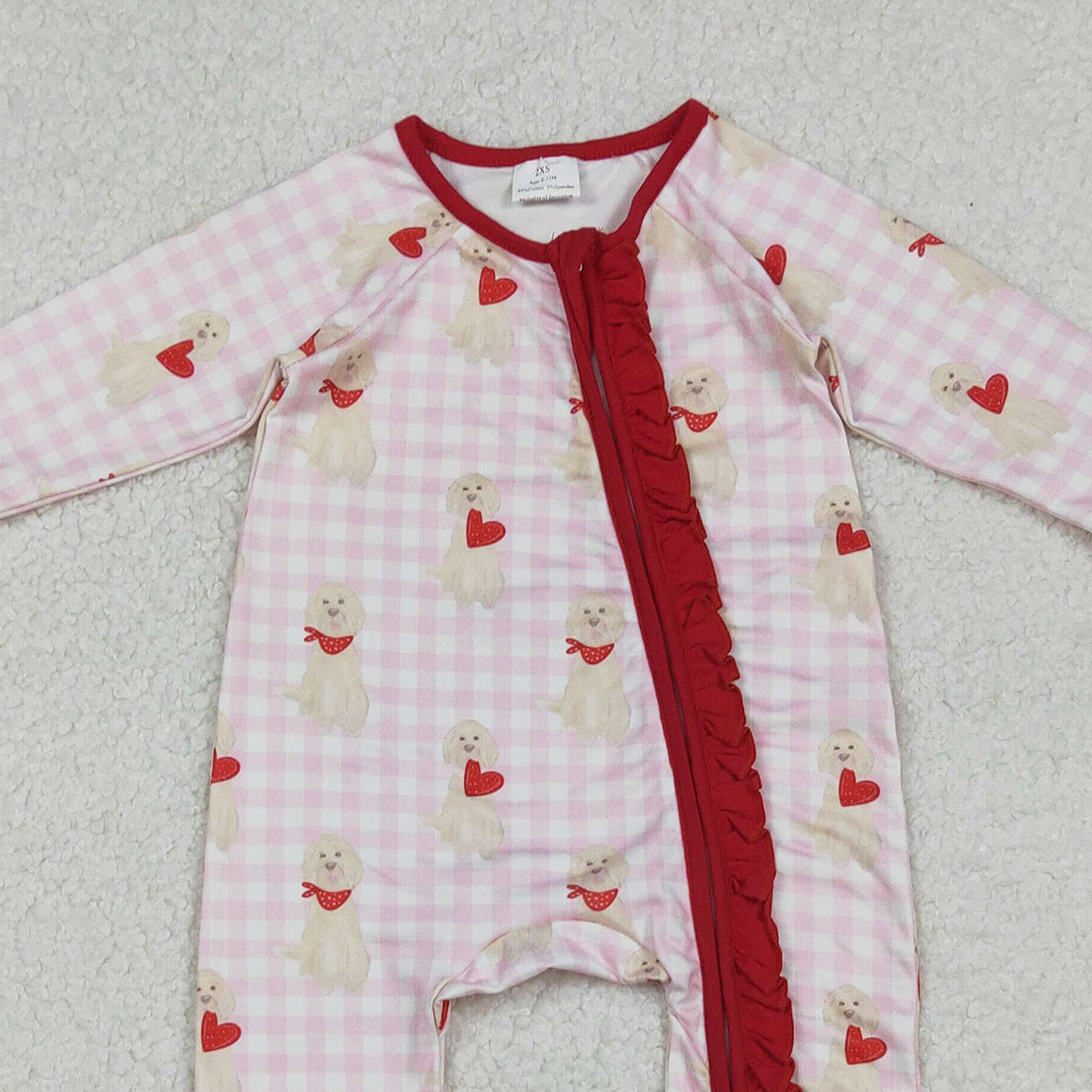 10.18 RTS NO MOQ (In stock)LR2681 Baby Girls Winter Rompers Baby Girls Pink Checked Dogs Hearts Valentine Ruffle Zipper Footie Romper