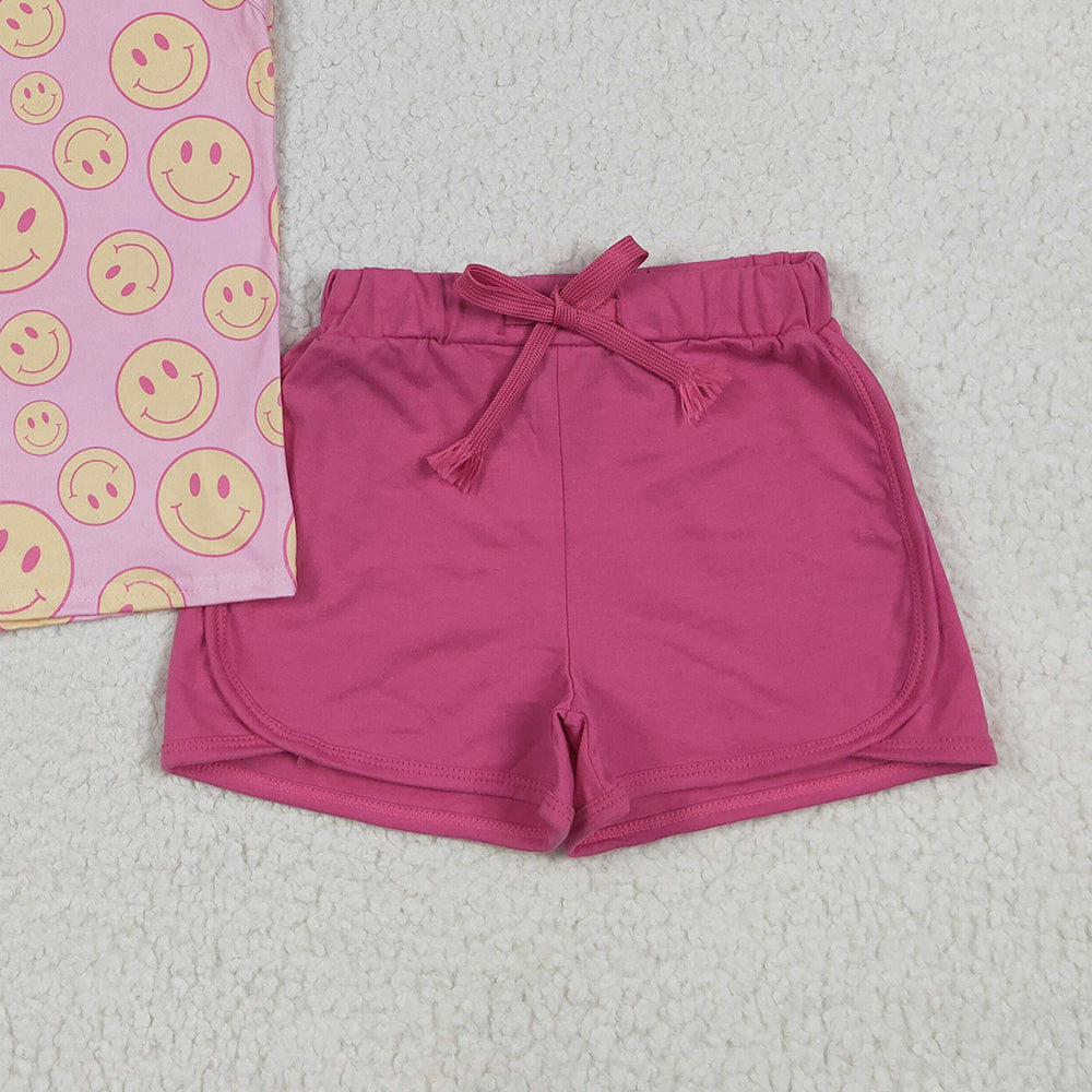 7.06 GSSO2605 RTS NO MOQ Baby Girls Summer Outfits Baby Girls Pink Sleeveless Smiles Top Pockets Short Set
