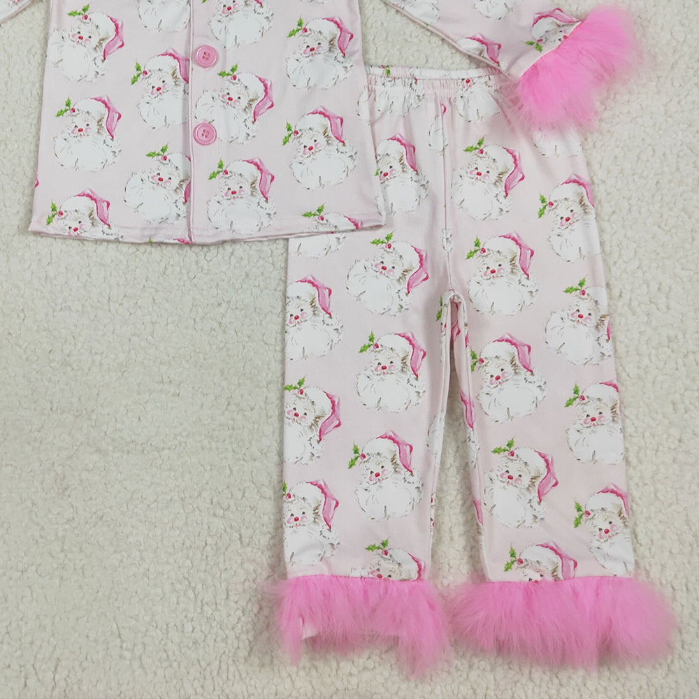 8.18 RTS NO MOQ (In stock) GLP2376 Baby Girls Winter Outfits Baby Girls Pink Long Sleeves With Fur Santa Button Top Pants Pajamas Set