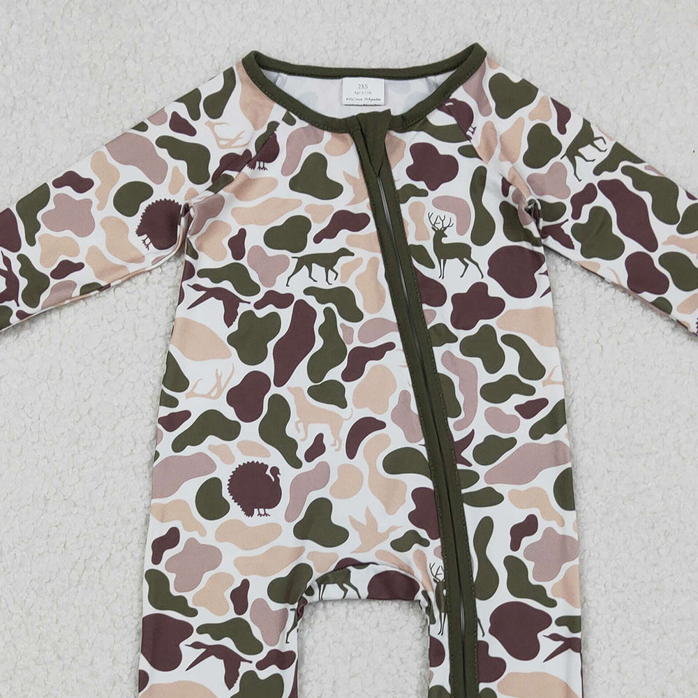 RTS NO MOQ (In stock)LR2590 Baby Boys Winter Rompers Deer Ducks Dogs Camo Southern Zipper Footie Rompers