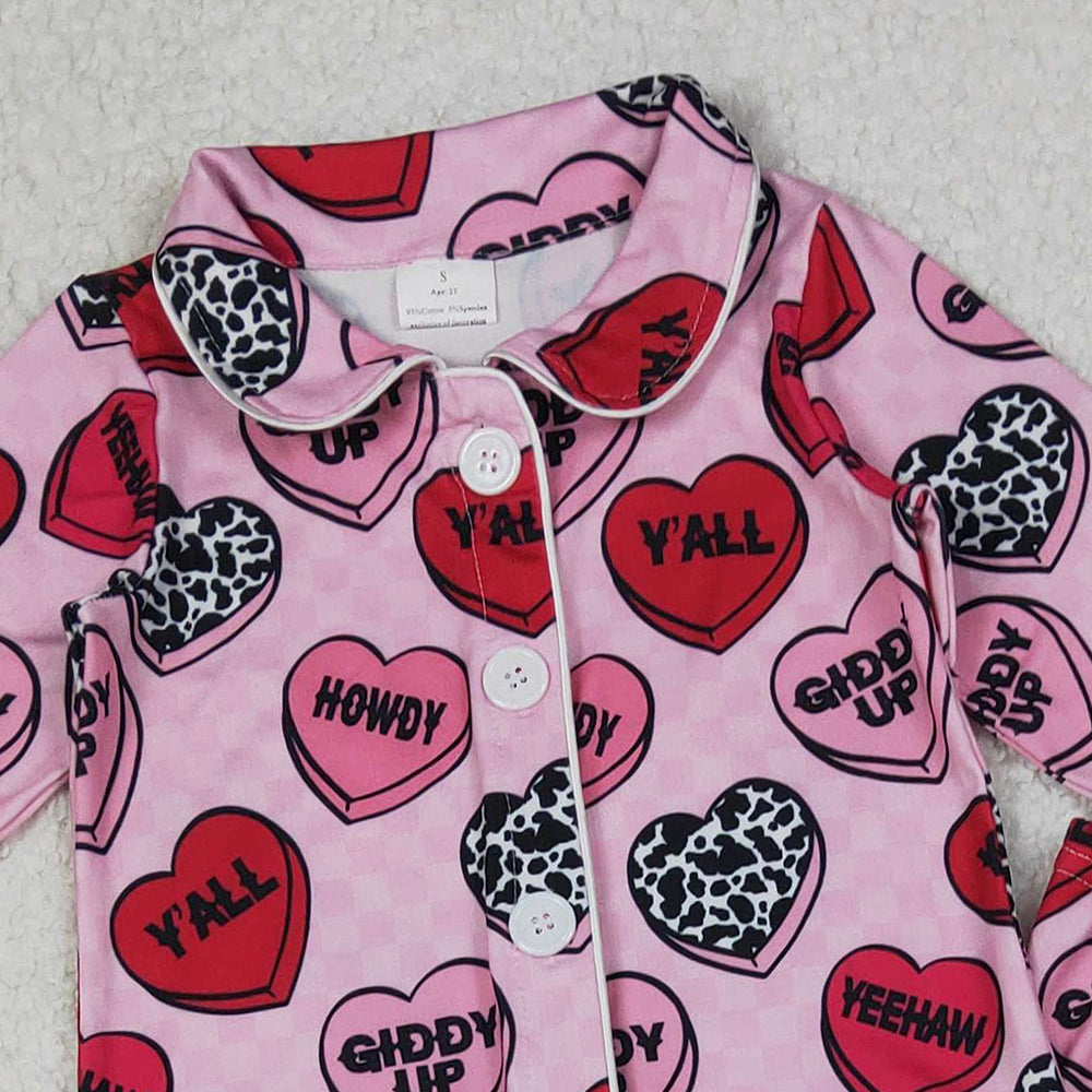 10.10 RTS NO MOQ (In stock)GLP2843 Baby Girls Winter Outfits Baby Girls Pink Checked Hearts Button Top Pants Valentine Pajamas Sets