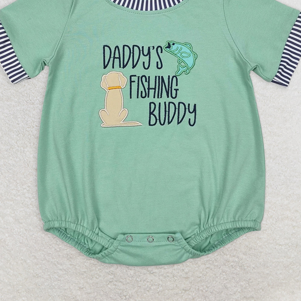 SR2336RTS NO MOQ Baby Boys Summer Rompers Green short sleeves daddy's fishing buddy baby boy romper