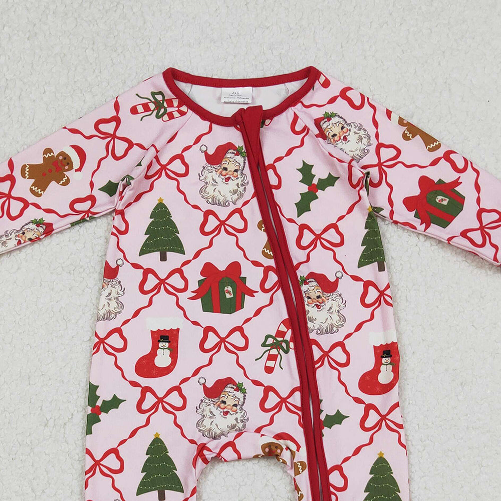 9.29 RTS NO MOQ (In stock)LR2632 Baby Girls Winter Rompers Baby Girls Red Bows Santa Gifts Checked Christmas Zipper Footie Rompers