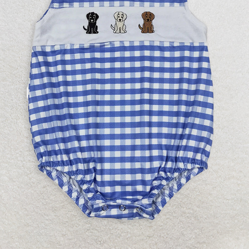 SR1048 RTS NO MOQ Baby Boys Summer Rompers Baby Infant Boys Dogs Blue Checkered Sleeveless Rompers