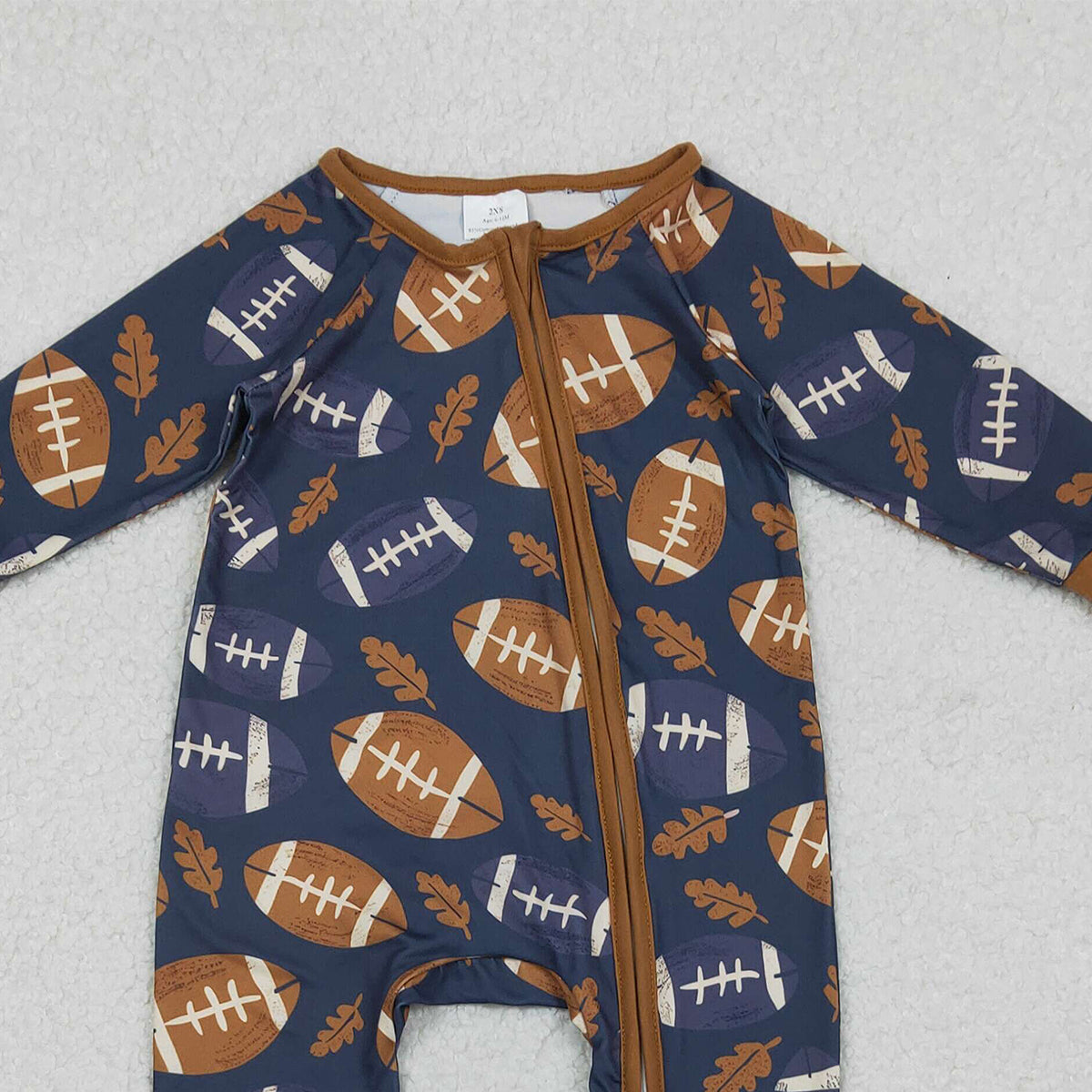 10.21 RTS NO MOQ (In stock)LR2543 Baby Boys Winter Rompers Baby Boys Leaves Footballs Fall Team Zipper Footie Rompers
