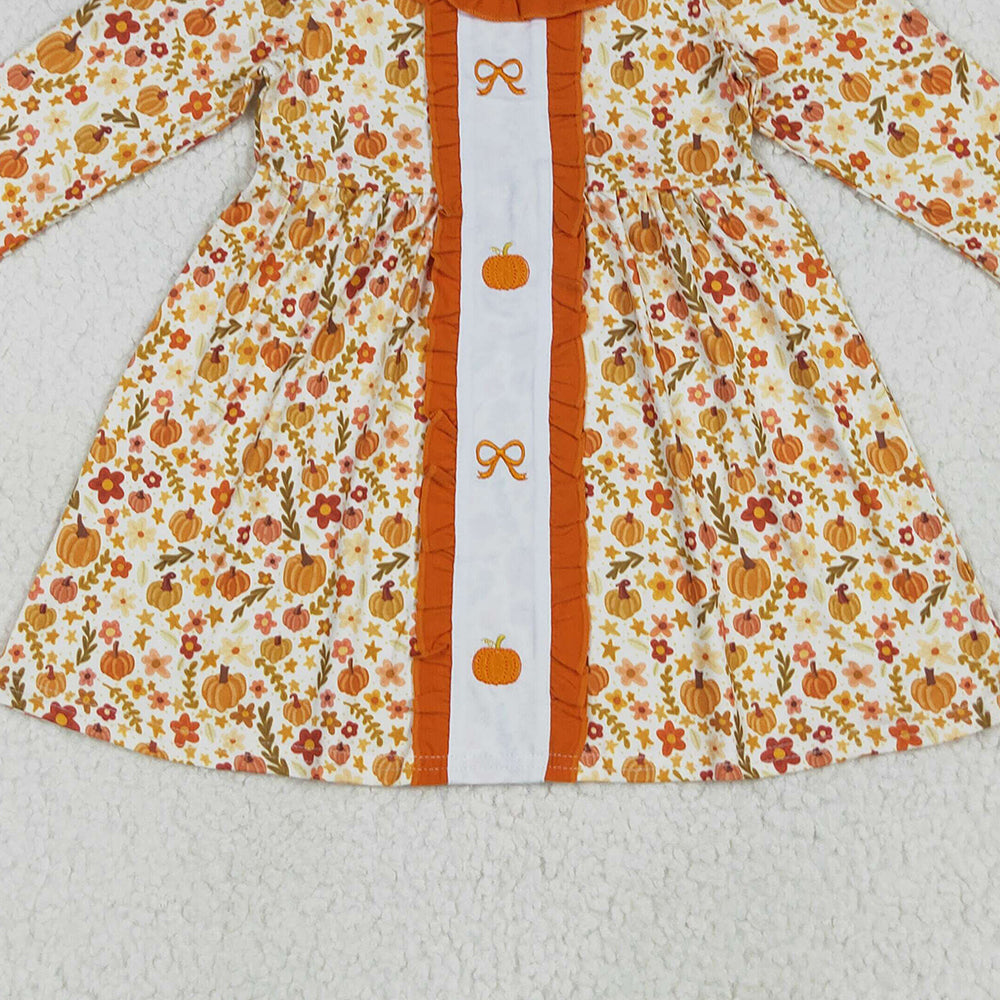 8.16 GLD1058RTS NO MOQ Baby Girls Winter Dress Embroidery Baby Girls Long Ruffle Sleeves Bows Pumpkins Flowers Knee Length Dresses