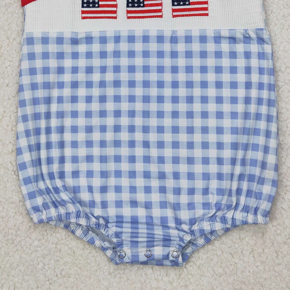4.10 SR2572 RTS NO MOQ Baby Boys Summer Romper Baby Boys Gray Plaid Sleeveless Flags 4th Of July Smocked Romper