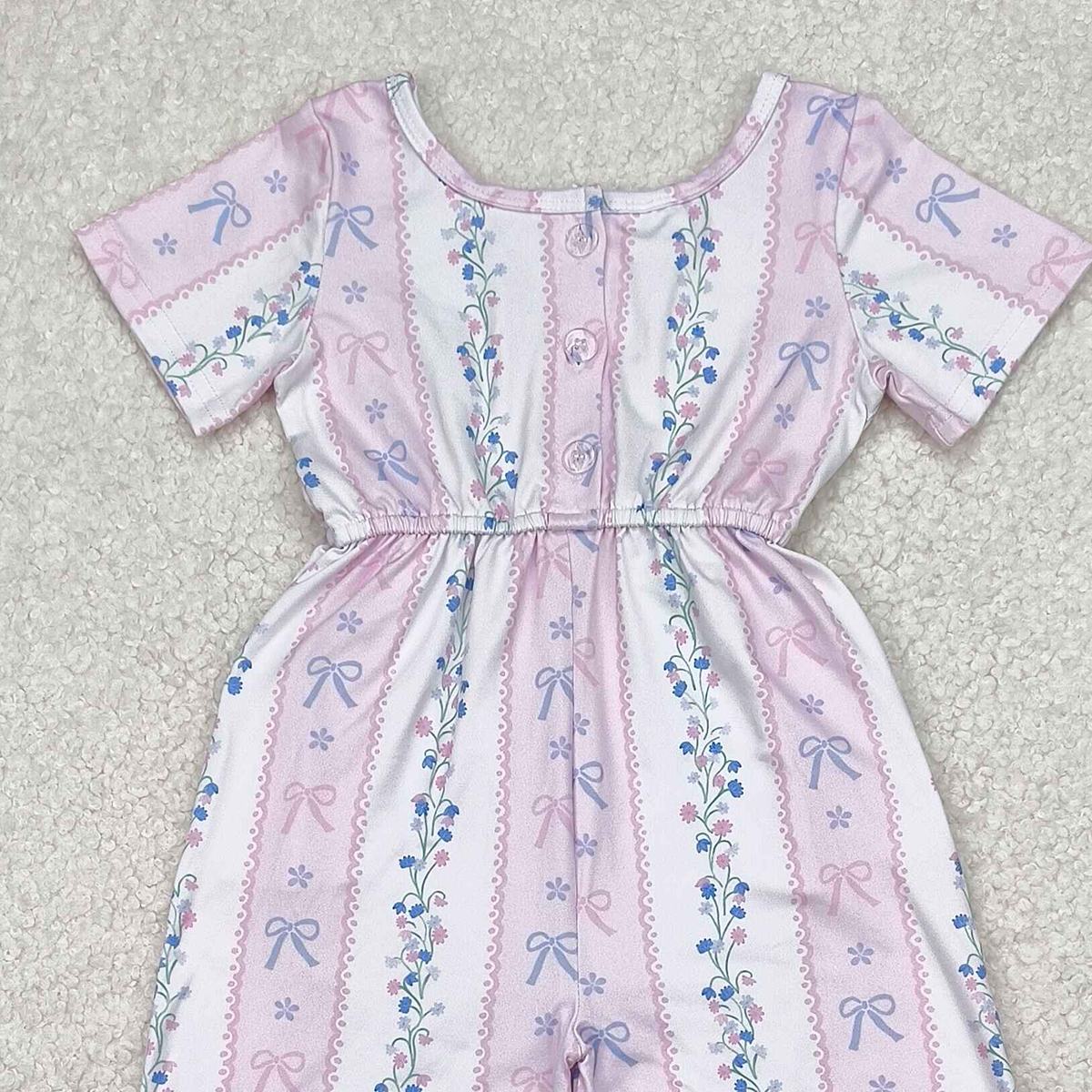 6.13 SR2941 RTS NO MOQ Baby Girls Summer Jumpsuits Baby Girls Pink Short Sleeves Bows Floral Pockets Jumpsuits