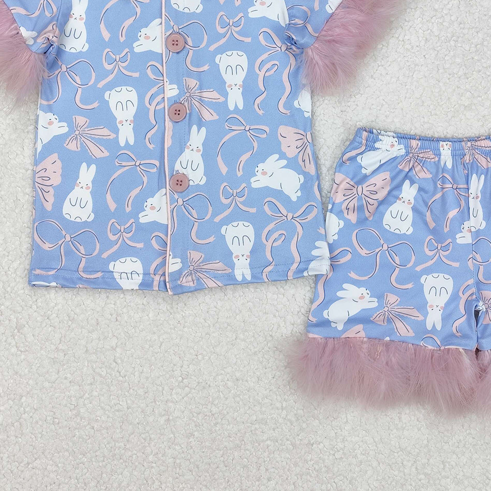 GSSO1946Baby Girls Easter Themed Bows Fur Print Shirt And Shorts Pajamas Set Cute Infant Clothing for Spring