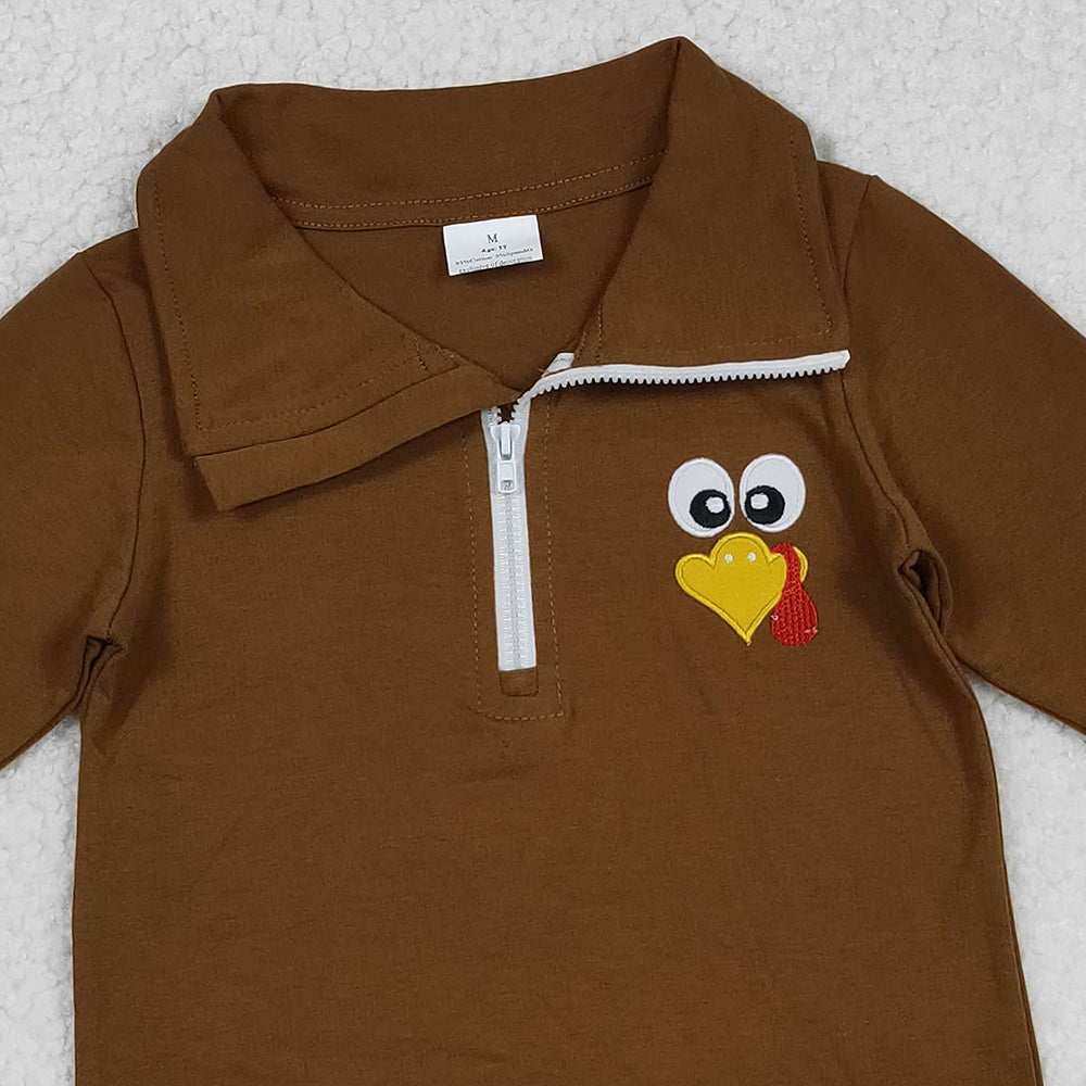 RTS NO MOQ (In stock)BT1265 Baby Boys Long Sleeve Tops Brown Zippered Turkey Polo Shirts Tops for Thanksgiving