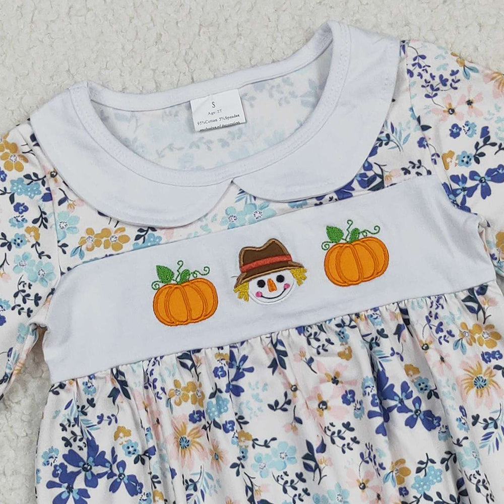 RTS NO MOQ (In stock)LR2246 Baby Girls Winter Rompers Embroidery Pumpkins Scarecrow Baby Girls Floral Ruffle Rompers