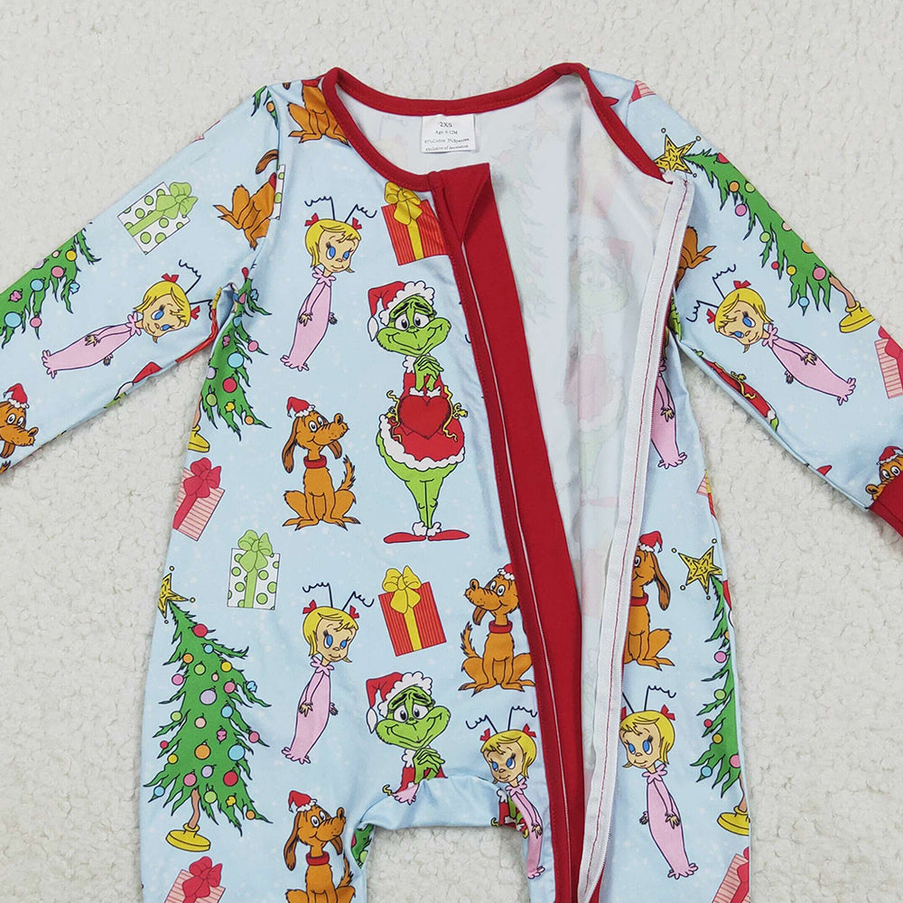 RTS NO MOQ (In stock)LR2478 Baby Girls Winter Rompers Baby Girls Green Face Christmas Trees Zipper Footed Rompers