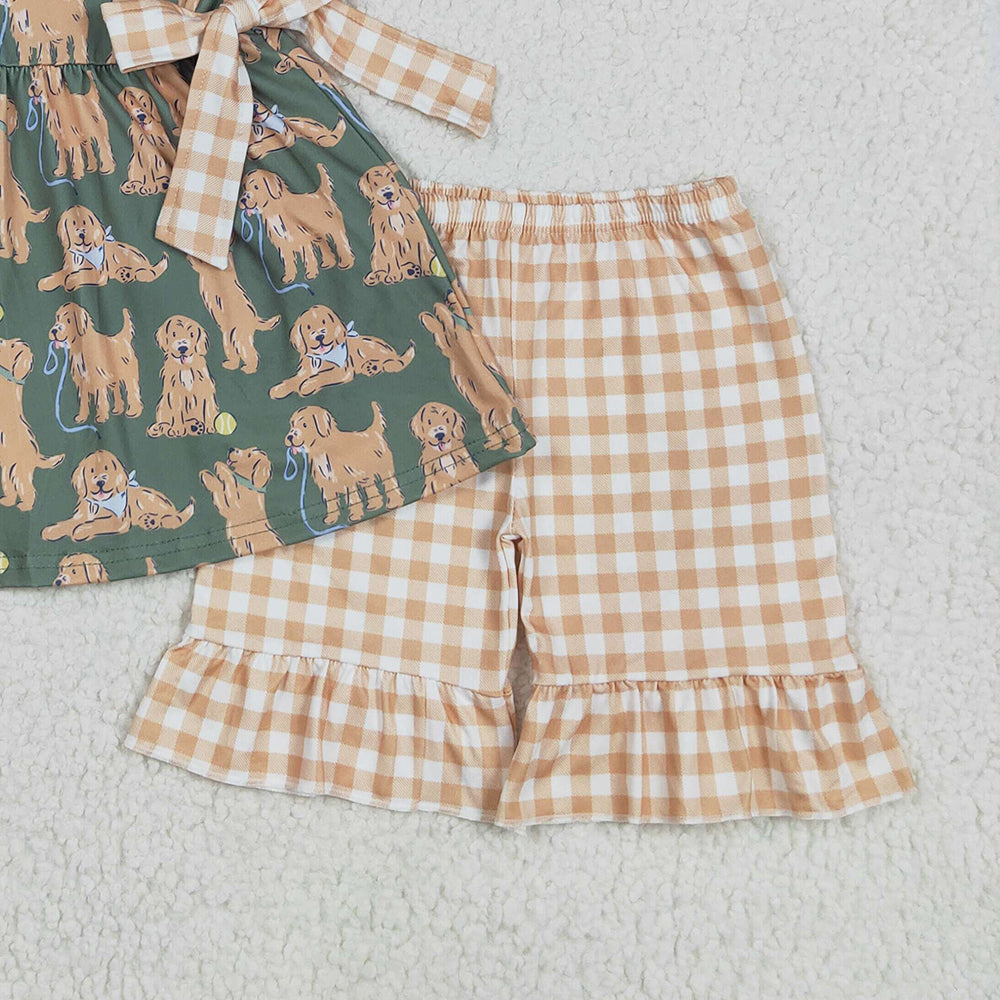 4.28 GSSO2449 RTS NO MOQ Baby Girls Summer Outfits Sleeveless dog tunic khaki shorts girls clothes