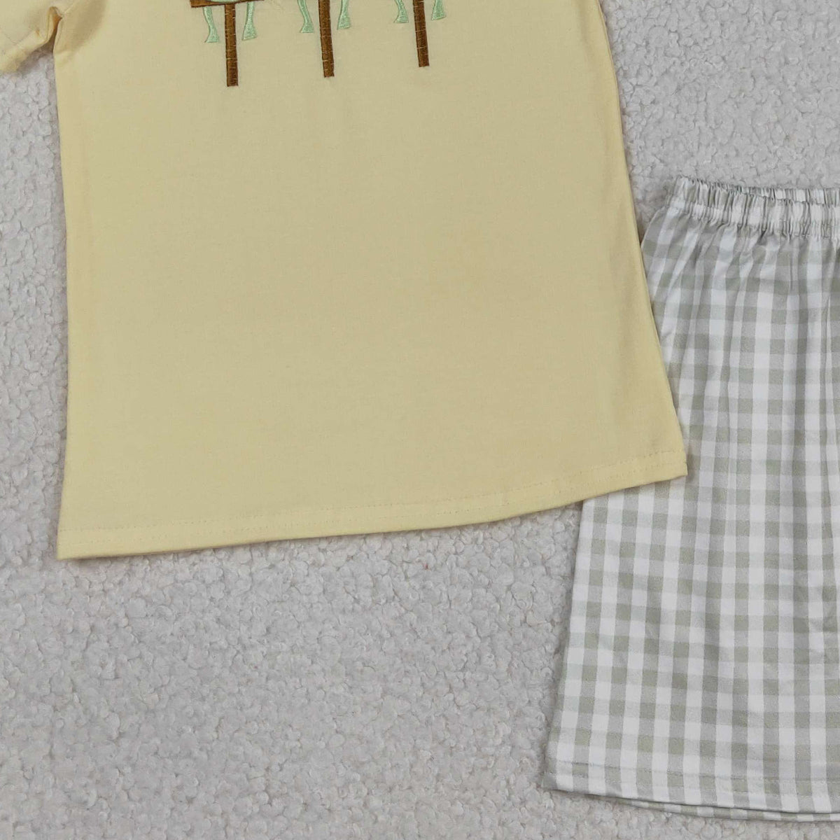 3.14 RTS NO MOQ (In stock)BSSO1717 Kids Clothing for Baby Boys Embroidery Short Sleeve Crosses Top Checked Shorts Easter Clothes Sets