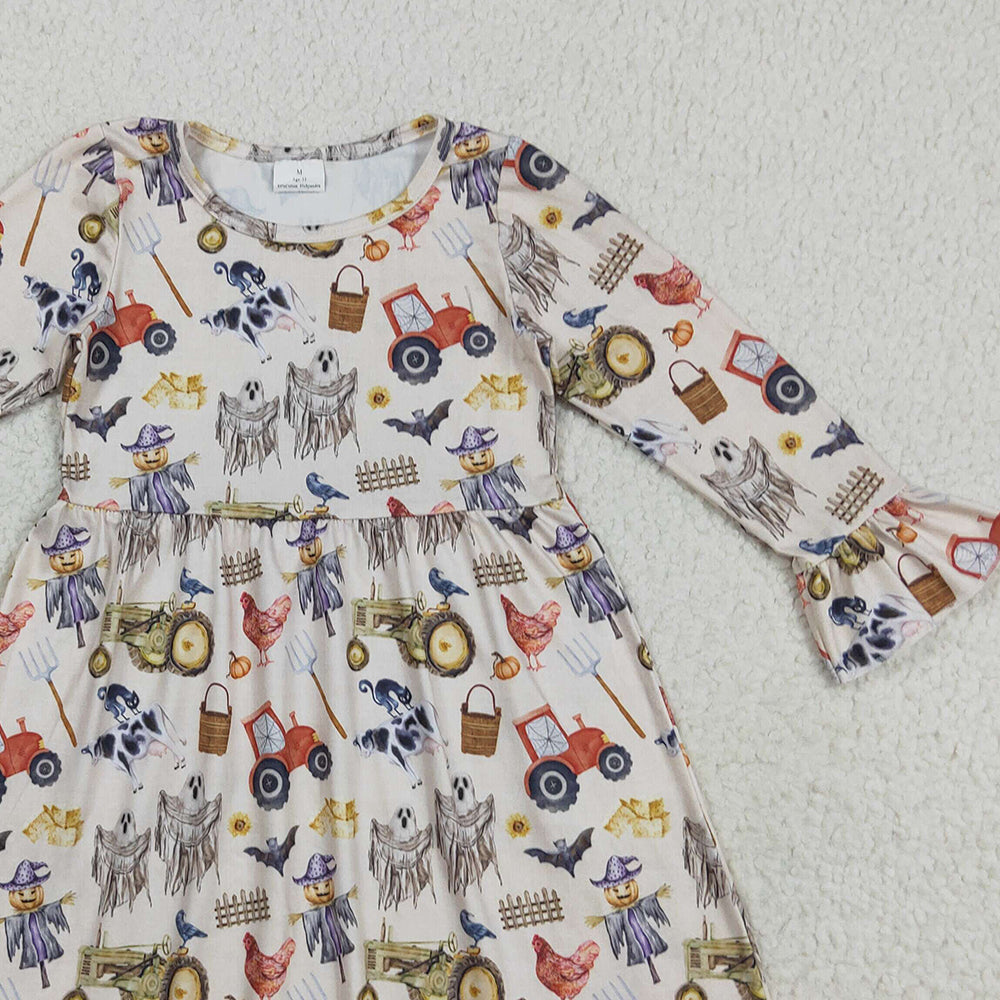 RTS NO MOQ (In stock)GLD1196 Baby Girls Winter Dress Baby Girls Long Ruffle Sleeves Trucks Chicks Farm Knee Length Dresses
