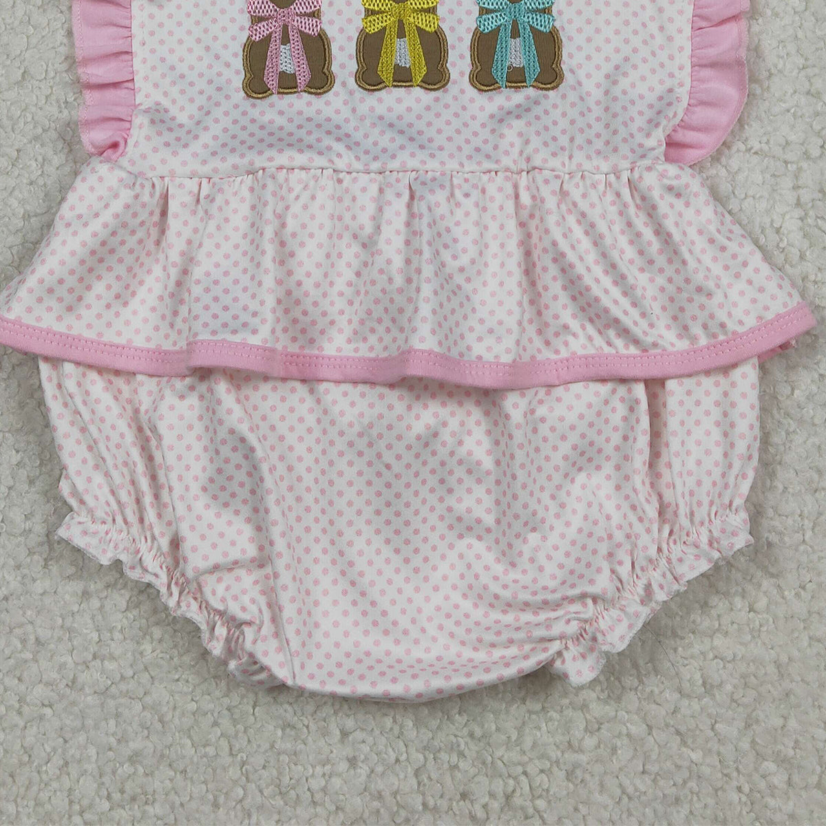 1.21 RTS NO MOQ (In stock)SR3477 Embroidery Rabbits Baby Girls Strap Polka Dots Easter Ruffle Rompers