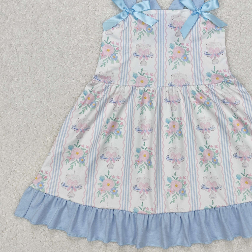 GSD1946Floral Cake Bow Girls Dress Straps Happy Birthday Girls Dresses Floral Cake Bow Design Party Wear for Girls