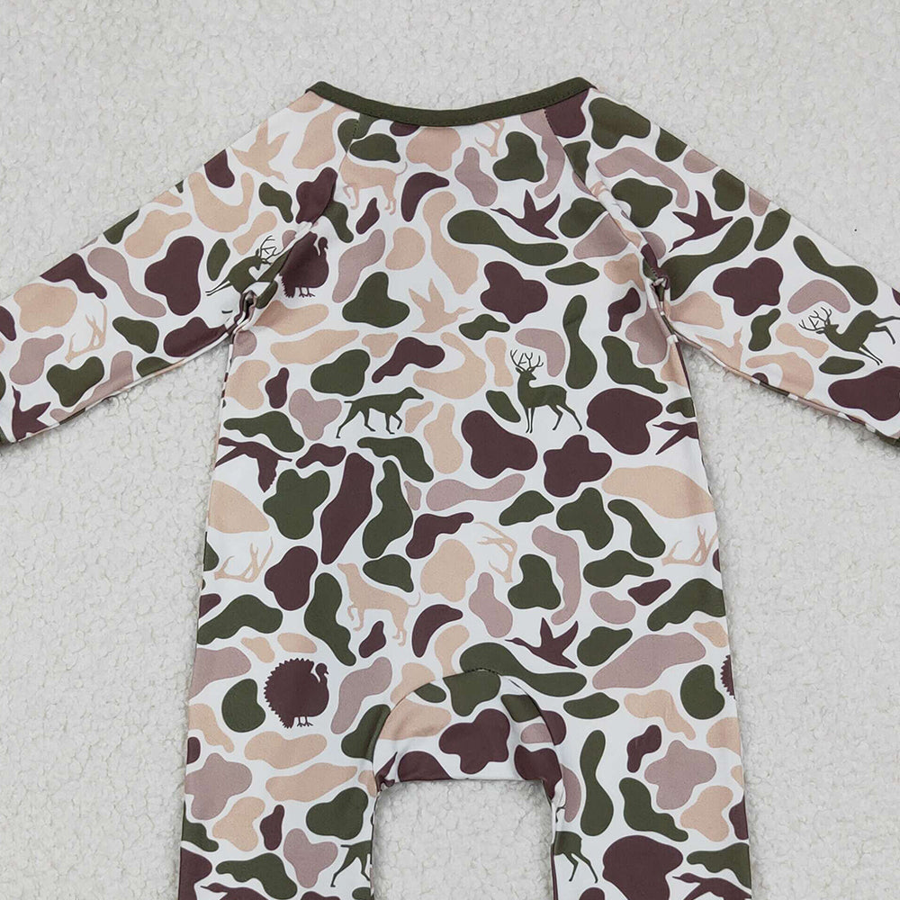 RTS NO MOQ (In stock)LR2590 Baby Boys Winter Rompers Deer Ducks Dogs Camo Southern Zipper Footie Rompers
