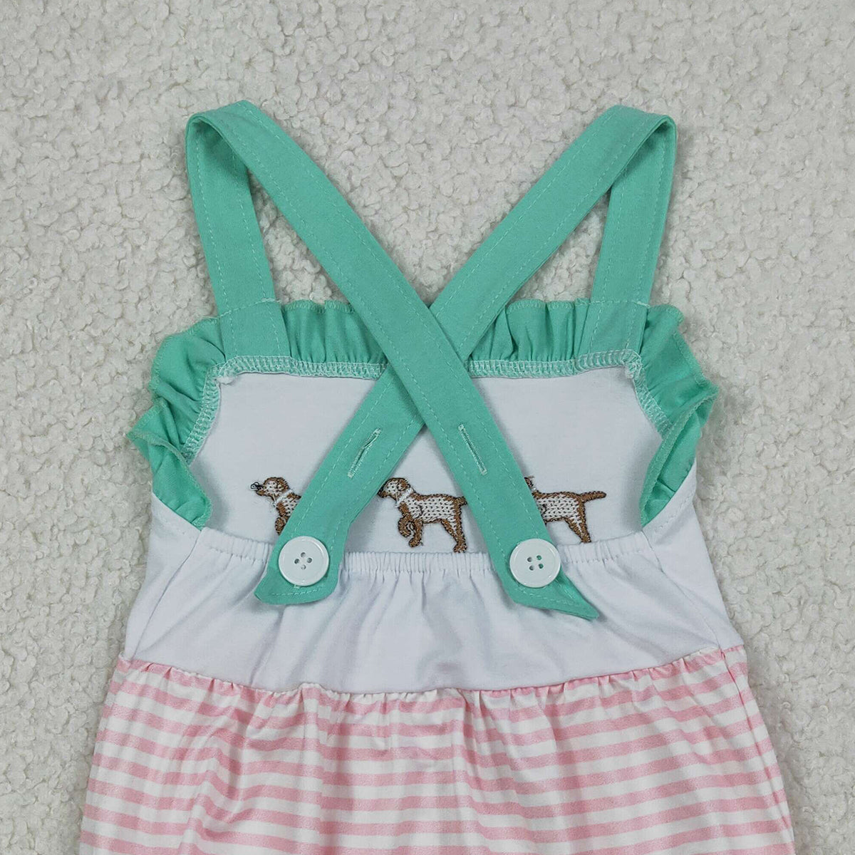 3.19 RTS NO MOQ (In stock)SR3558 Children's Fashion Romper Baby Girls Strap Embroidery Dogs Pink Stripe Hunting Rompers