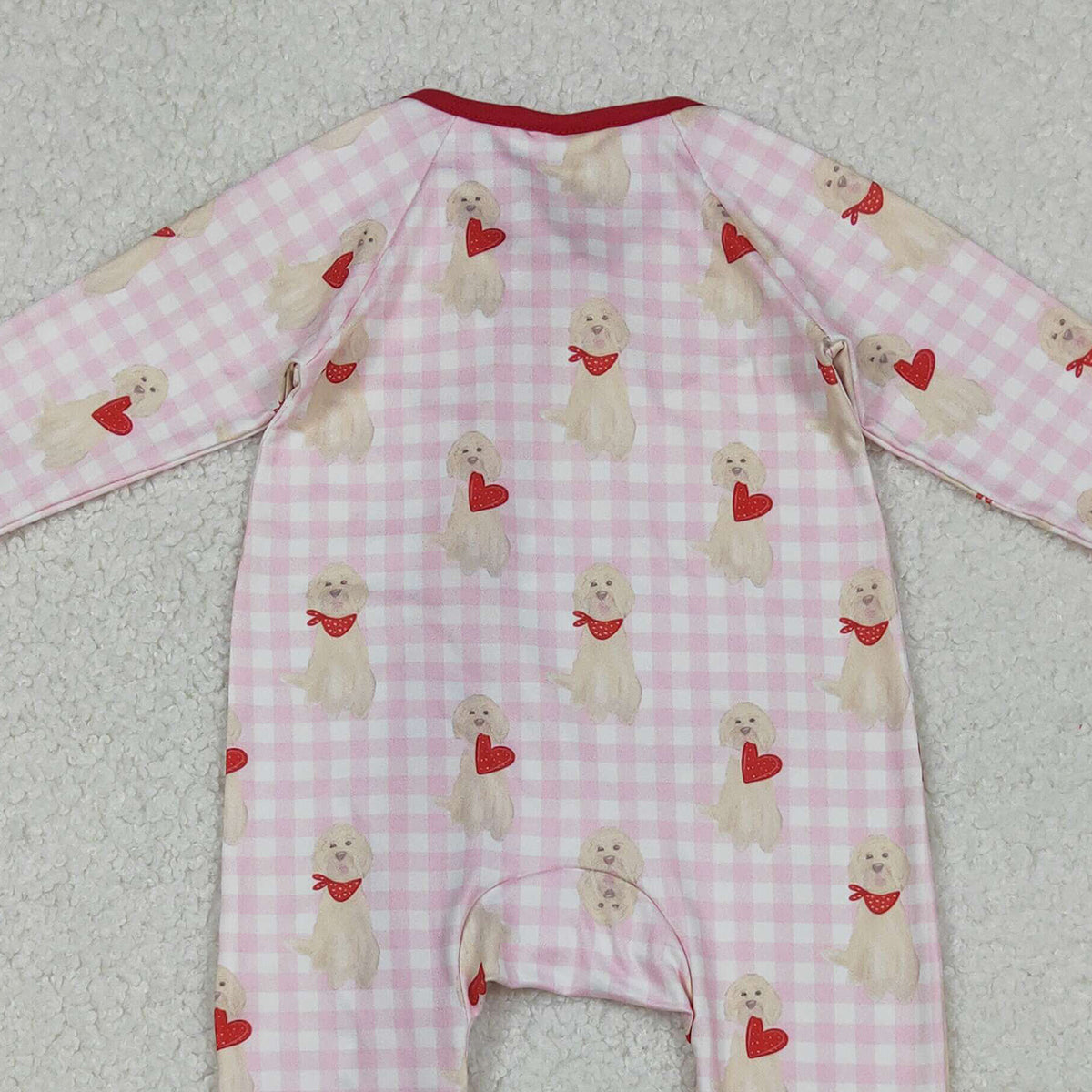 10.18 RTS NO MOQ (In stock)LR2681 Baby Girls Winter Rompers Baby Girls Pink Checked Dogs Hearts Valentine Ruffle Zipper Footie Romper