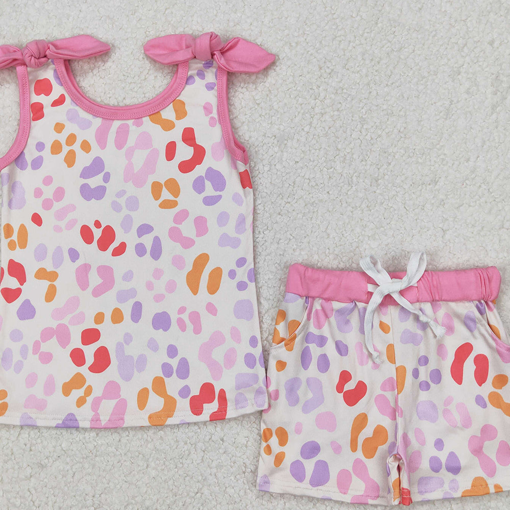 4.17 GSSO2081 RTS NO MOQ Colorful leopard print rose red sleeveless shorts set