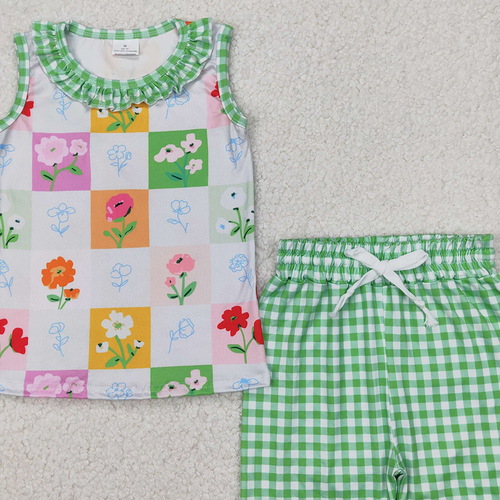 6.11 GSSO2415 RTS NO MOQ Baby Girls Summer Outfits Baby Girls Flowers Top Green Gingham Play Shorts Set