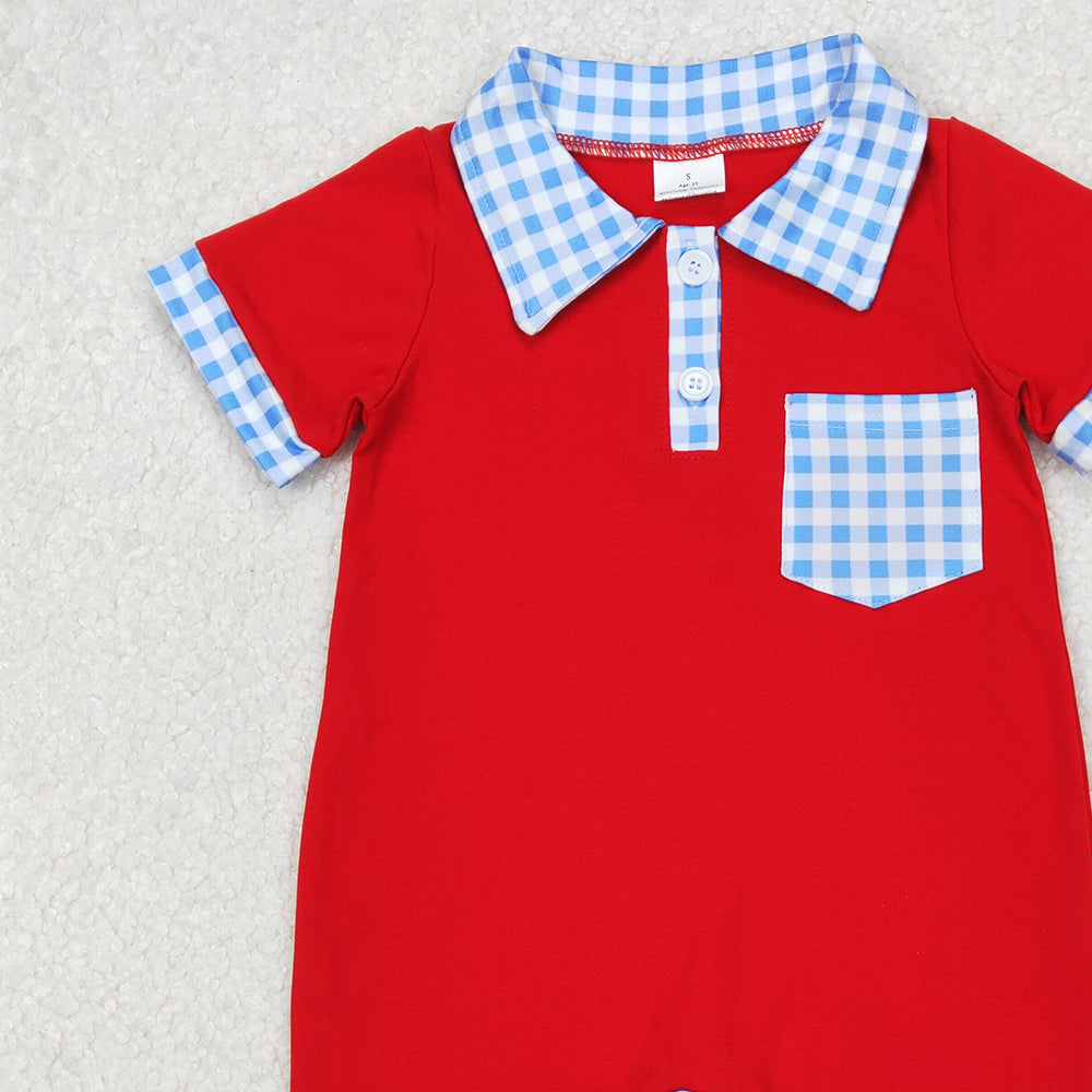4.14 SR2352 RTS NO MOQ Blue plaid pocket red baby boy polo romper
