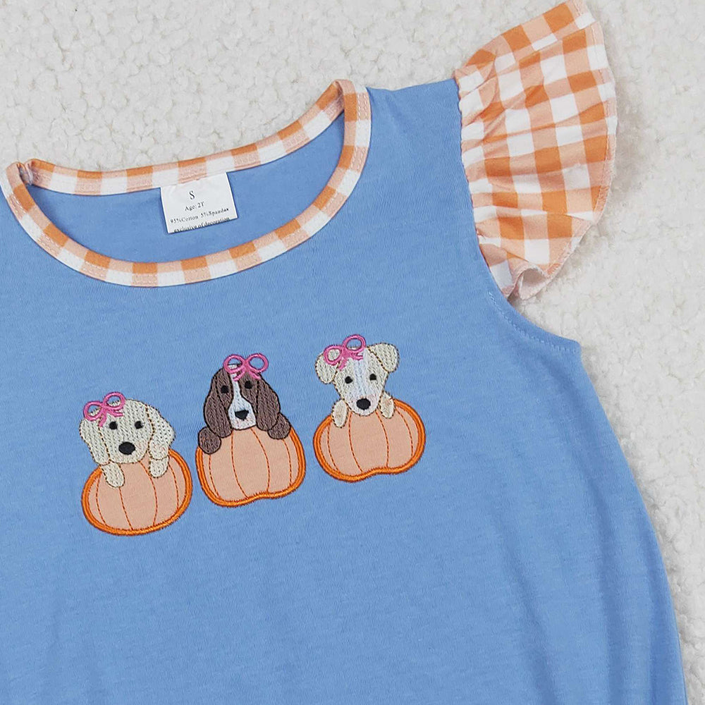 RTS NO MOQ (In stock)SR3191 Baby Girls Summer Rompers Embroidery Dogs Pumpkins Flutter Sleeves Fall Rompers