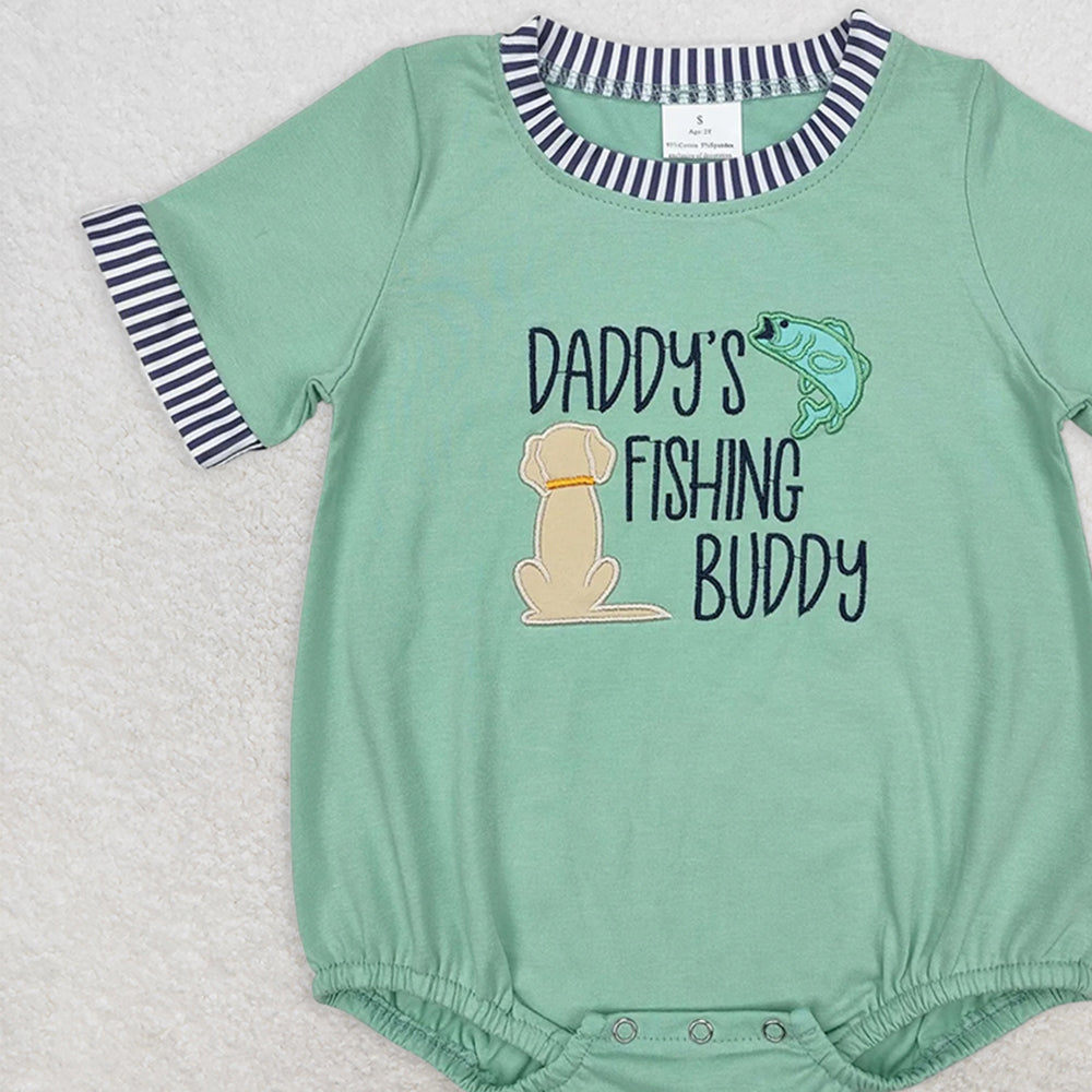 SR2336RTS NO MOQ Baby Boys Summer Rompers Green short sleeves daddy's fishing buddy baby boy romper