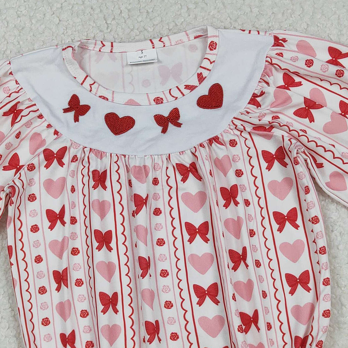 10.17 RTS NO MOQ (In stock)LR2696 Baby Girls Winter Rompers Embroidery Bows Hearts Baby Girls Stripe Valentine Ruffle Rompers