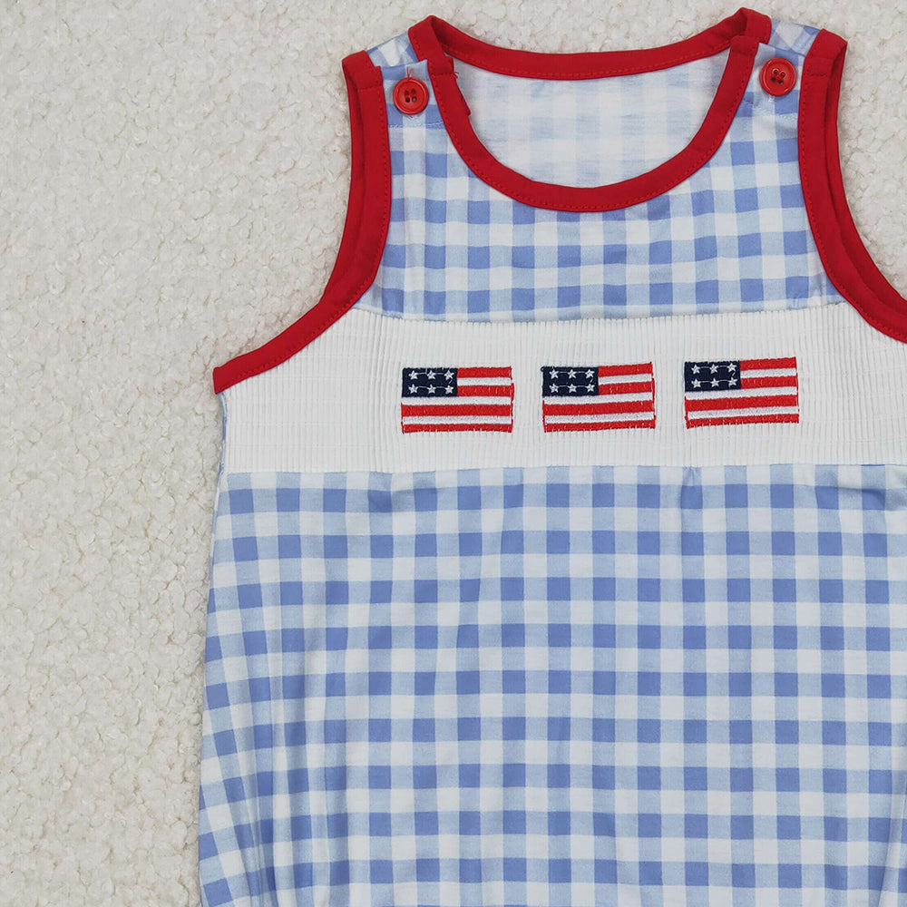 4.10 SR2572 RTS NO MOQ Baby Boys Summer Romper Baby Boys Gray Plaid Sleeveless Flags 4th Of July Smocked Romper