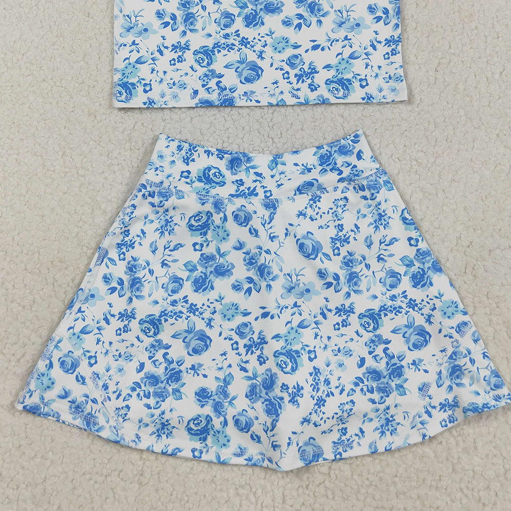 8.23 RTS NO MOQ (In stock)GSD2787 Baby Girls Yoga Outfits Baby Girls Blue Flowers Print Vest Top Shorts Skirts Yoga Activity Set