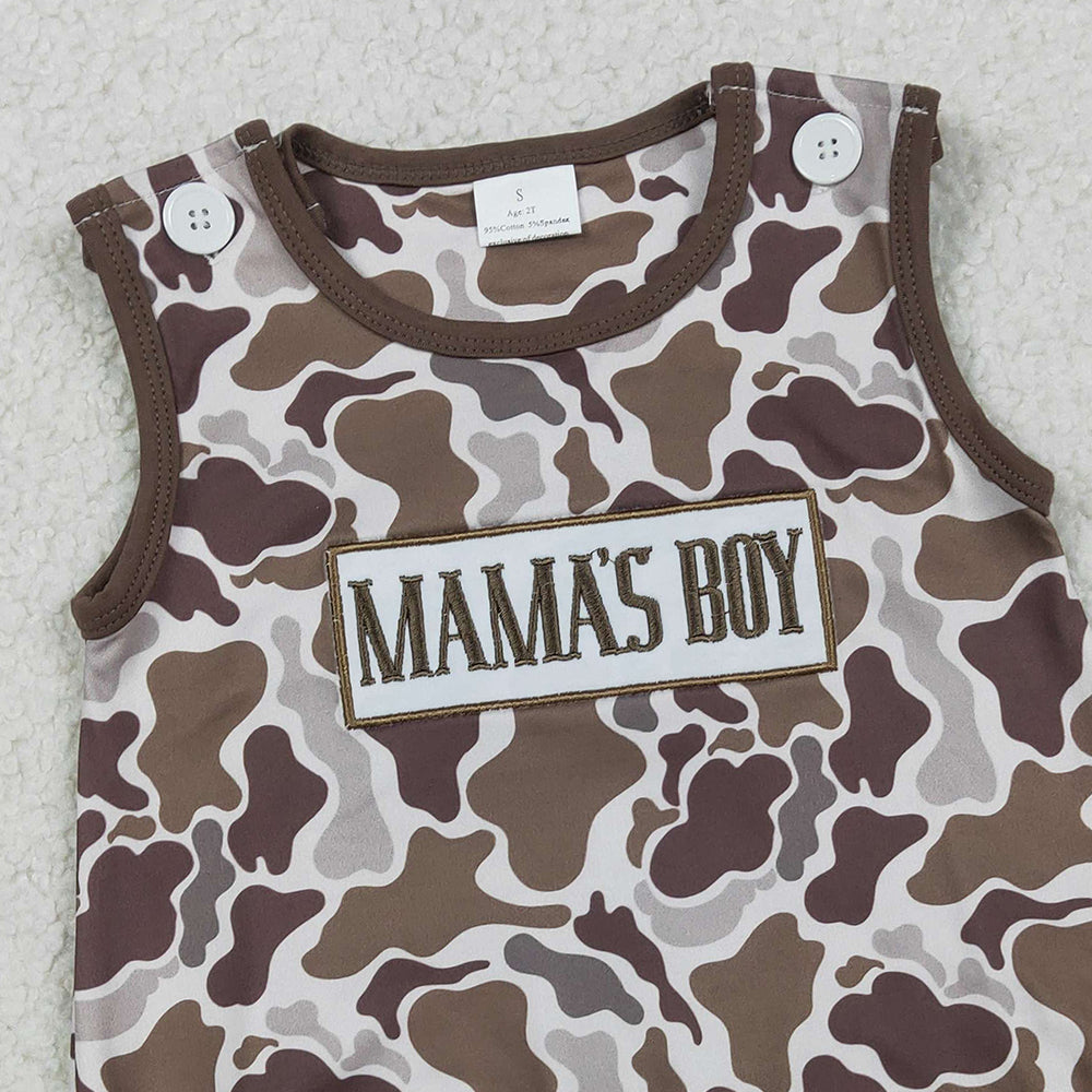 1.28 RTS NO MOQ (In stock)SR3889 Embroidery Mama's Boy Southern Brown Camo Sleeveless Rompers