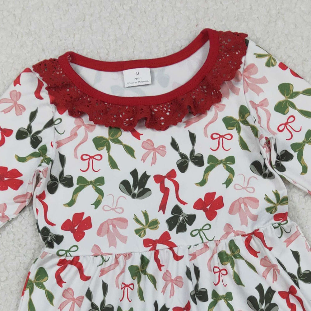 RTS NO MOQ (In stock)GLD1036 Baby Girls Winter Dress Colorful Bows Christmas Lace Ruffle Knee-Length Dress
