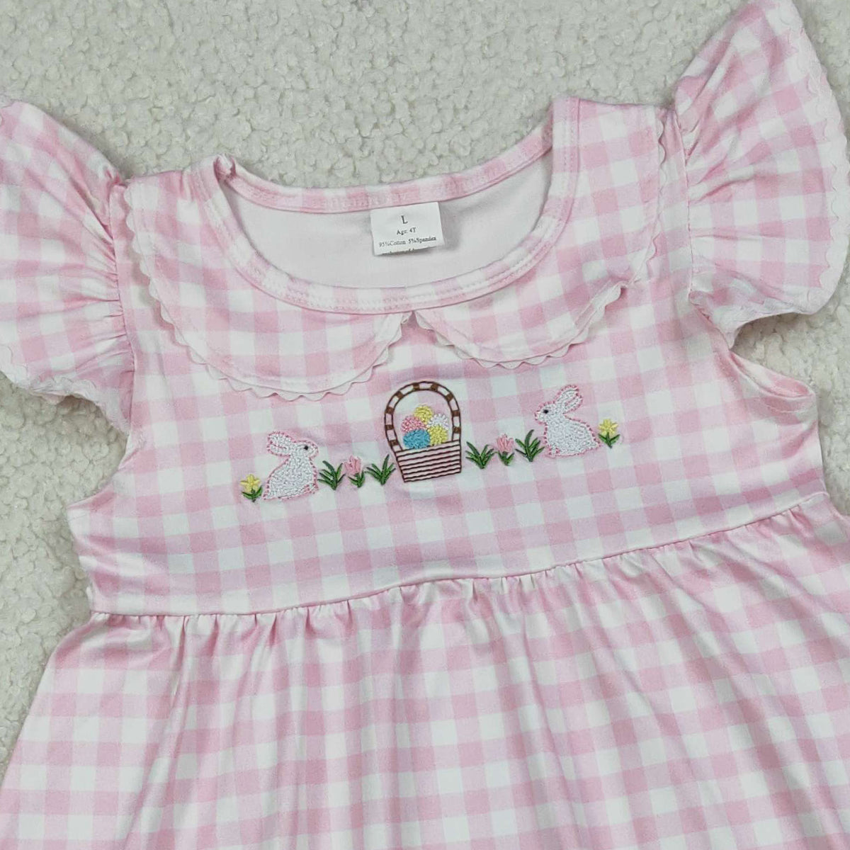 3.23 RTS NO MOQ (In stock)GSD2913 Kids Fashion Clothes Baby Girls Flutter Sleeve Embroidery Rabbits Eggs Pink Checked Easter Knee Length Dresses