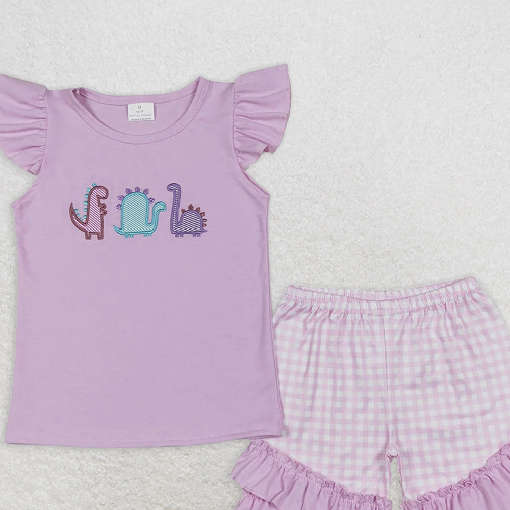 GSSO0411RTS NO MOQ Baby Girls Summer Outfits Lavender dinosaur top plaid shorts girls summer clothes